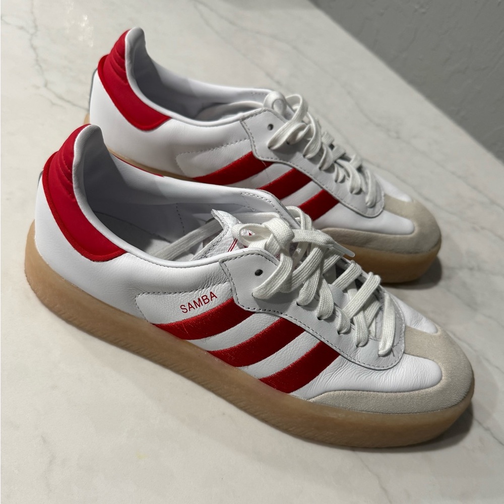 Adidas Samba White and Red Sneakers, Size 9.5